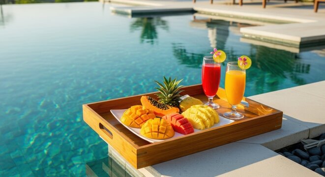 Tropical fruit platter and refreshing drinks served poolside on a wooden tray