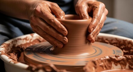 Hands molding wet clay on pottery wheel creating art, craft, and artisan studio scene