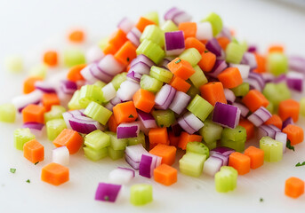Colorful pile of finely diced fresh vegetables for cooking or salad