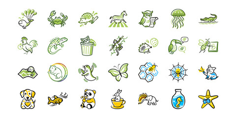 Collection of hand drawn doodle illustrations of various animals and objects
