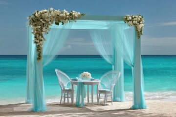 Romantic beachside table setup under a floral-decorated canopy with turquoise drapes by the ocean