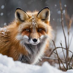 Obraz premium Close-Up of Fox Peeking Through Winter Snow – Sharp Eye Wildlife Photography