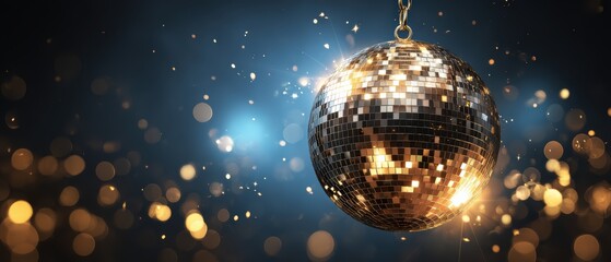 A sparkling disco ball hangs against a dark background with glowing golden bokeh lights, creating a festive party atmosphere