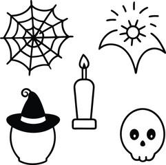 Halloween Icons: Spiderweb, Witch Hat, Candle, Bat, and Skull