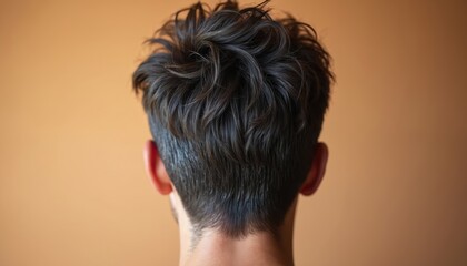 Fototapeta premium Back view of a man dark, tousled hair, styled with textured layers. Warm studio light enhances natural shine and highlights a healthy scalp. Casual attire and modern grooming suggest youth and style.