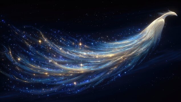 Celestial plume of light, blue and gold, swirling across dark space - Powered by Adobe