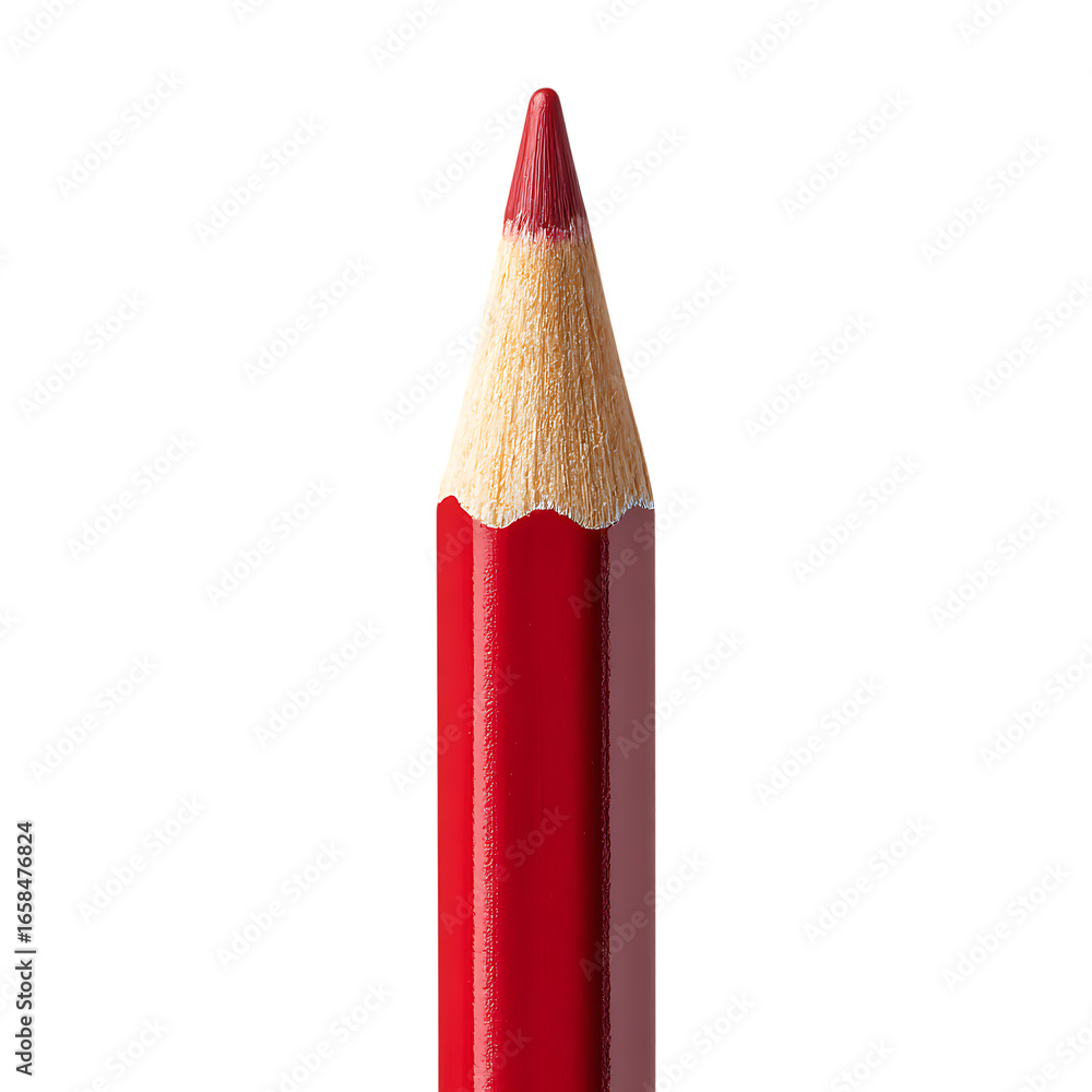 Poster macro view of a sharp red colored pencil tip with wood grain detail isolated on transparent backgrou