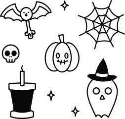 Fototapeta premium Cute Halloween Icons: Bat, Pumpkin, Ghost, Skull, Spiderweb, Candle, Stars