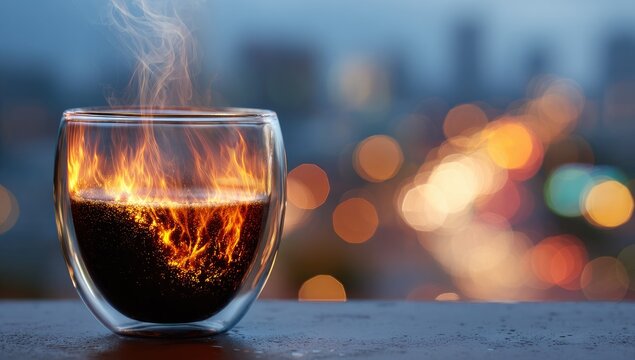 Flaming coffee in a double-walled glass, city bokeh background