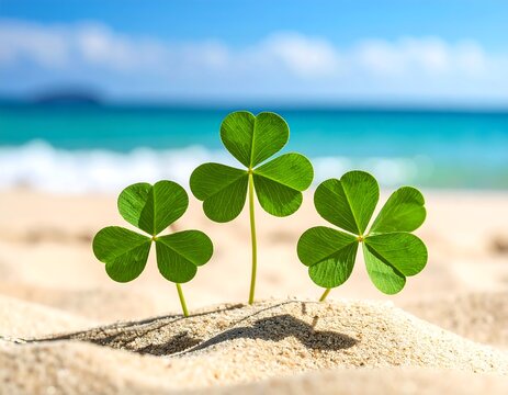 Tropical St. Patrick's Day: Three Leaf Clovers on a Sandy Beach Paradise