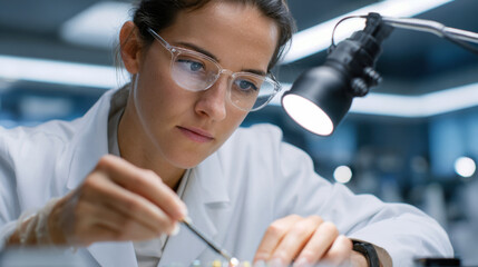 Focused scientist in lab coat adjusts circuit board under magnifying light, showcasing precision and concentration