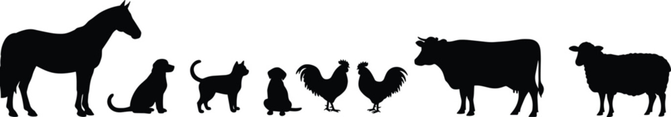 Silhouettes of domestic animals, horse, dog, cat, chicken, cow, shee of domestic animals, horse, dog, cat, chicken, cow, sheep, pet and farm 