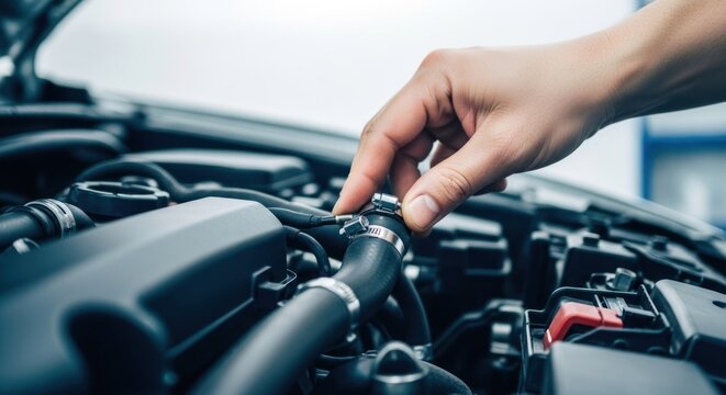 Hand adjusts clamp on a car engine hose under the hood