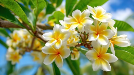Obraz premium White and yellow frangipani flowers bloom vibrantly among green leaves under a bright, blue sky