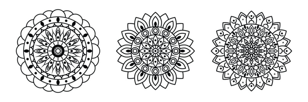 Pongal Onam Indian traditional festival mandala icon vector illustration set with ethnic floral circular decorative cultural design elements.