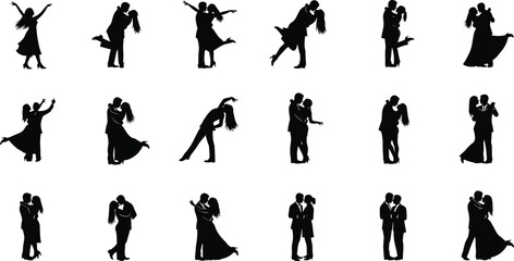PrintSilhouettes of dancing couples in expressive poses showing romantic movement, partner lifts, dips, and elegant dance styles vector illustration set