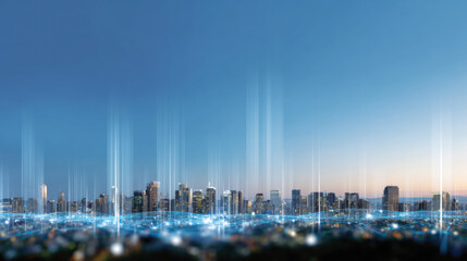 Futuristic city skyline with digital overlays and data flow, showcasing smart city concept at dusk. image features glowing lines and clear sky, symbolizing connectivity and innovation