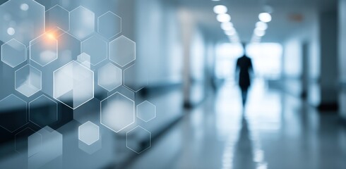 Blurred hospital hallway with overlayed hexagons