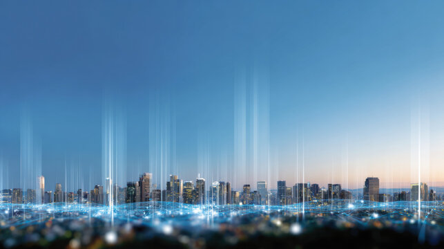 Futuristic city skyline with digital overlays and data flow, showcasing smart city concept at dusk. image features glowing lines and clear sky, symbolizing connectivity and innovation - Powered by Adobe
