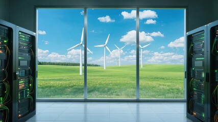 Modern data center with server racks powered by sustainable wind energy from wind turbines in green field outside. - Powered by Adobe
