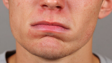 Obraz premium Young adult male with swollen face from tooth infection is shown in close up, highlighting discomfort and redness. expression suggests pain and irritation