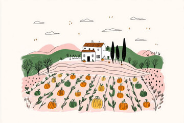 Obraz premium Colorful pumpkins decorate a rustic patch as the warm light of late afternoon enhances the beauty of the farmhouse and rolling hills in the background, creating a serene autumn atmosphere