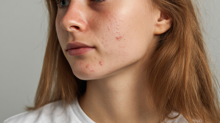 Young person with light brown hair and visible acne on their chin and cheeks looks thoughtful. skin condition is highlighted against neutral background, emphasizing texture and natural appearance