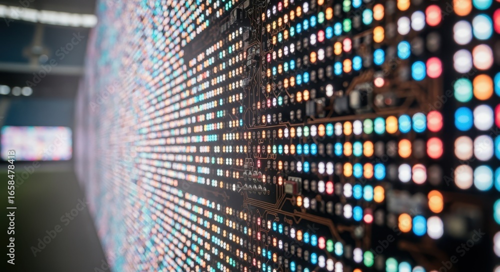 Poster closeup of led display pixels glowing intensely on large stadium panels during extended burnin revea