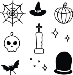 Spooky Halloween Icons: Spiderweb, Witch Hat, Pumpkin, Skull, Tombstone, Bat, and Stars