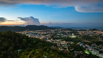 Aerial view of Khao Rang Viewpoint at dusk an important landmark in Phuket TownKhao Rang Viewpoint offers a panoramic view and the twinkling lights of Phuket Town at night, which are beautiful.