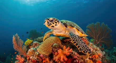 Fototapeta premium Hawksbill turtle resting on vibrant coral reef in clear, blue ocean water