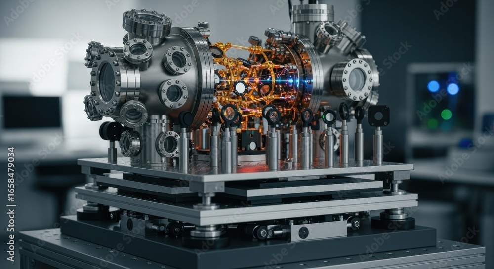 Poster optical lattice vacuum chamber placed on vibrationisolation platform emphasizing noise reduction in 