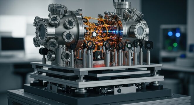 Optical lattice vacuum chamber placed on vibrationisolation platform emphasizing noise reduction in atomic clock experiments.