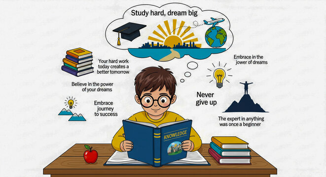Motivational banner encouraging children to study hard, dream big, and believe in themselves. Ideal for education, learning motivation, child development, and success concepts. - Powered by Adobe