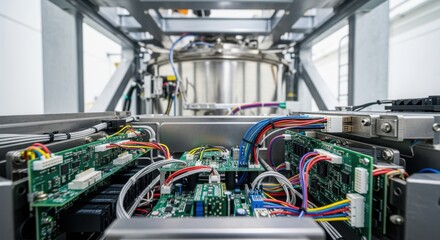 Detailed shot of control circuitry installation inside a modular nuclear reactor module featuring intricate wiring and compact design.