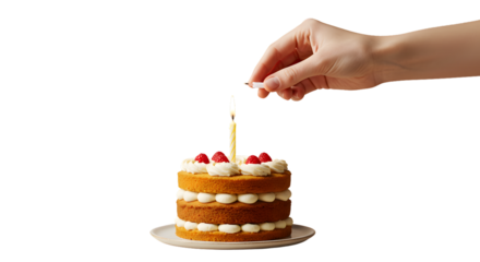 Hand placing candle on birthday cake with cream and strawberries  