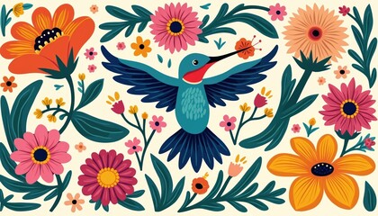 Mexican folk art sticker design featuring vibrant blue hummingbird surrounded by colorful flowers, intricate patterns. Festive illustration uses bright, bold colors in cut-out style, perfect for