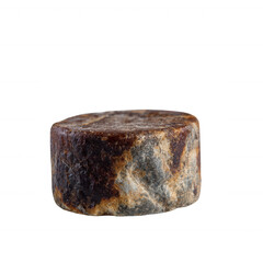 A round block of artisanal cheese with a rustic texture, showcasing rich brown and gray hues. Ideal for gourmet dishes, cheese platters, or culinary photography.