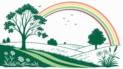 Obraz premium Illustration of a serene landscape with rolling hills, lush trees, a vibrant rainbow, and birds flying
