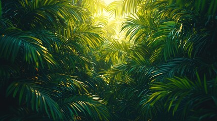 Lush Tropical Paradise: Sunlight Filtering Through Dense Palm Fronds