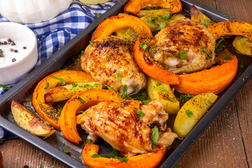 Roasted baked chicken thigh with pumpkin and potato wedges, garlic and aromatic herbs. Tasty autumn comfort food, ideas for Thanksgiving family dinner