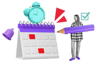 Surreal image of woman holding oversized pencil next to calendar, alarm clock and icons, colorful graphic style, isolated on white background, planning concept