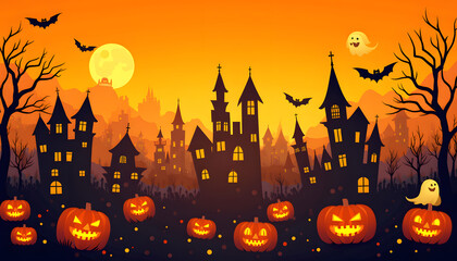 Spooky Halloween Landscape with Haunted Houses and Jack-o'-Lanterns