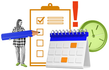 Woman with large pencil near checklist, calendar, clock on white background, isolated style....