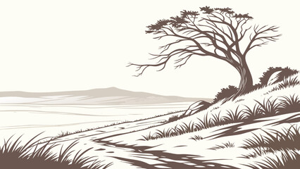 Vector art of african savanna landscape with a lonely tree on a hill, a path leading to the horizon in a vintage style