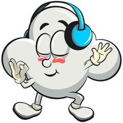 cute cloud cartoon mascot character vector illustration listening to headset while dancing calm, work of hand drawn