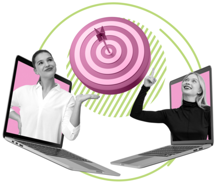 Two women emerging from laptops pointing at a pink target with an arrow, on abstract green and white background, expressing digital teamwork and goals - Powered by Adobe