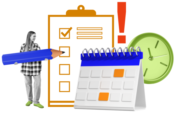 Woman with large pencil near checklist, calendar, clock on white background, isolated style. Concept of planning, time management, task organization