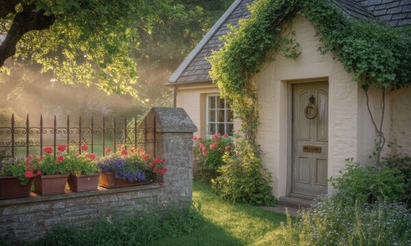 Idyllic cottage with stone wall, flower pots, and sunlit garden - Powered by Adobe