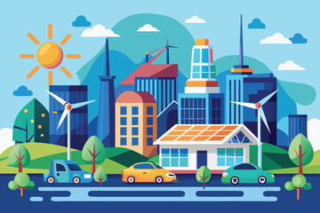 Sustainable eco-friendly cityscape depicting green energy wind turbines solar panels and electric vehicles